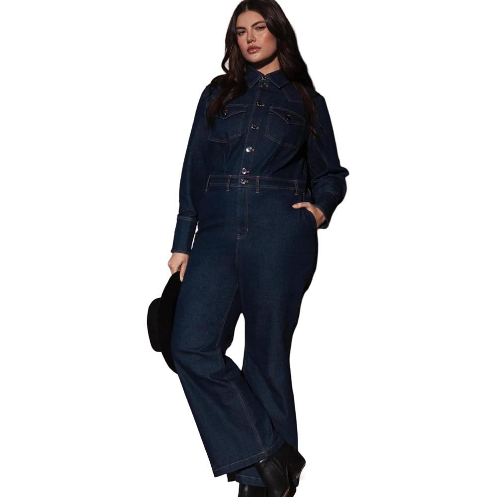 imageELOQUII Womens Plus Size Western Detail Denim JumpsuitDark Wash