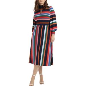 ELOQUII Women’s Plus Size A-Line Dress with Sleeves(Rainbow Stripe)