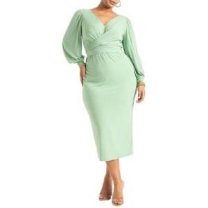 ELOQUII Women’s Plus Size Cross Front Midi Dress(Pale Green)