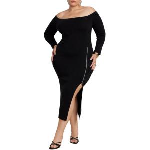 ELOQUII Women’s Plus Size Sweater Midi Dress W Zippers(Black Onyx)