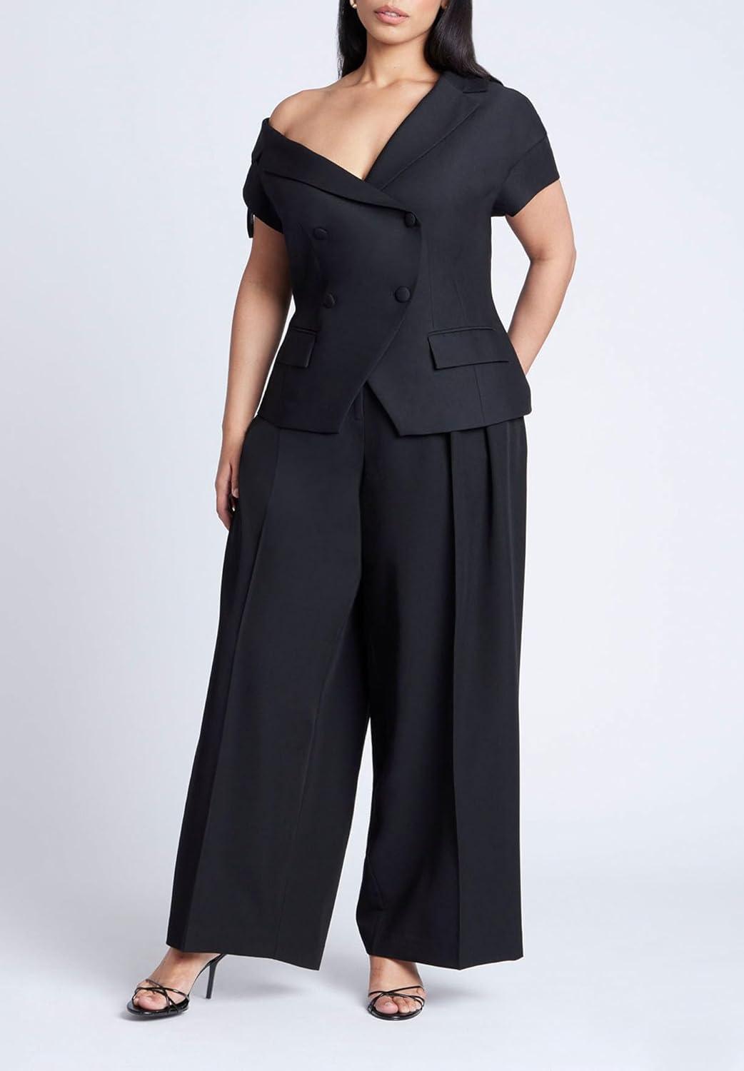 imageELOQUII Womens Plus Size Asym Neckline Short Sleeve BlazerBlack Onyx
