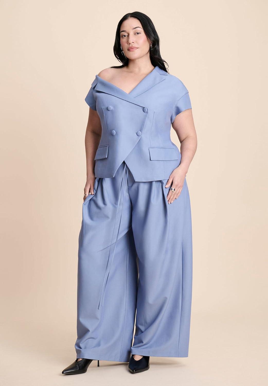 imageELOQUII Womens Plus Size Asym Neckline Short Sleeve BlazerDusty Blue