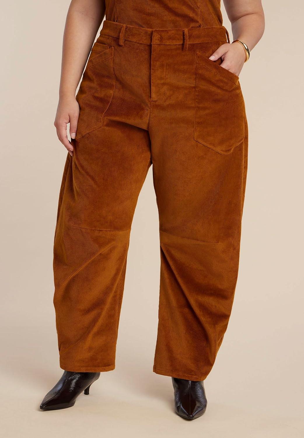 imageELOQUII Womens Plus Size Corduroy Barrel Leg PantsRoasted Pecan