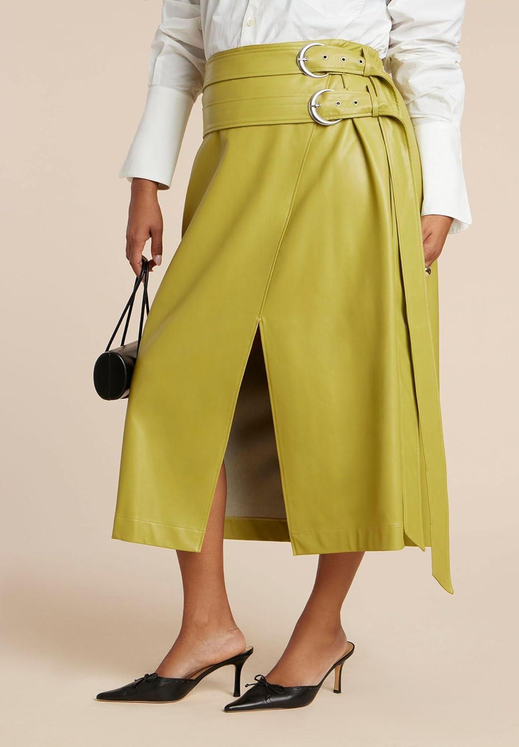 imageELOQUII Womens Plus Size Double Belt Wrap Faux Leather SkirtMoss