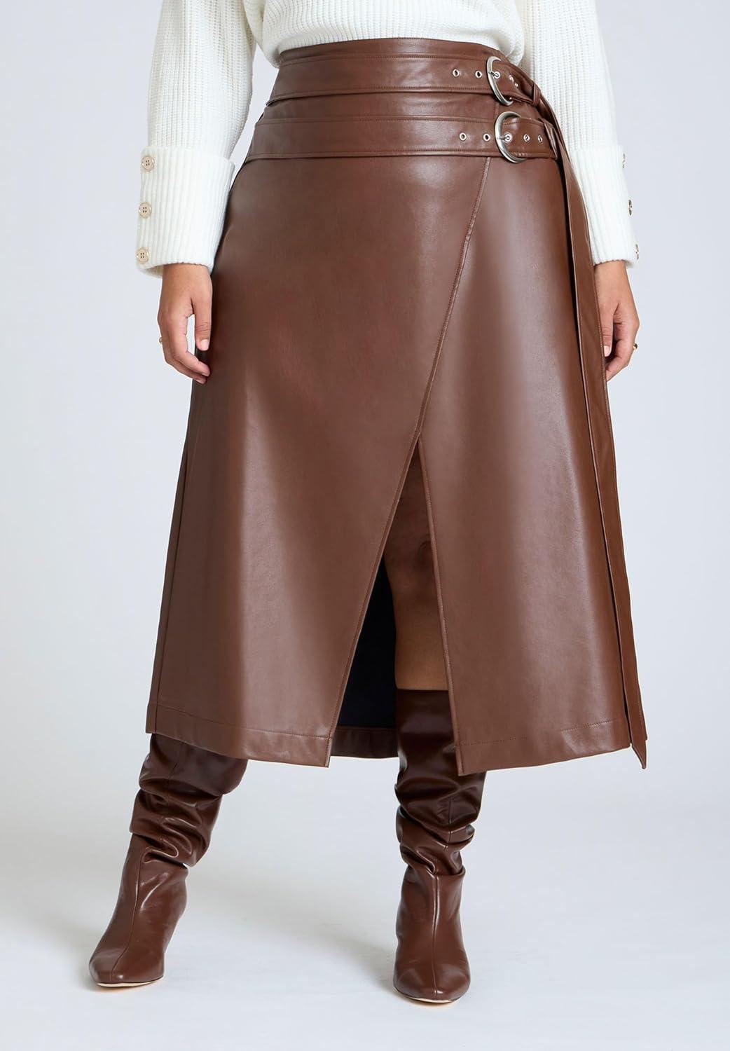 imageELOQUII Womens Plus Size Double Belt Wrap Faux Leather SkirtRocky Road