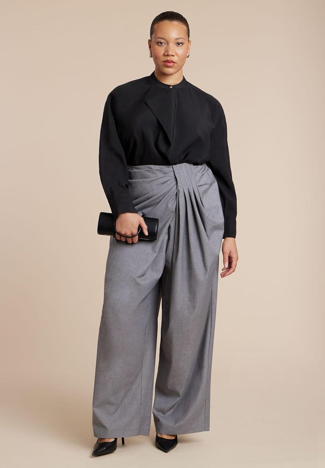 imageELOQUII Womens Plus Size Draped Pleat Detail TrouserMarled Grey