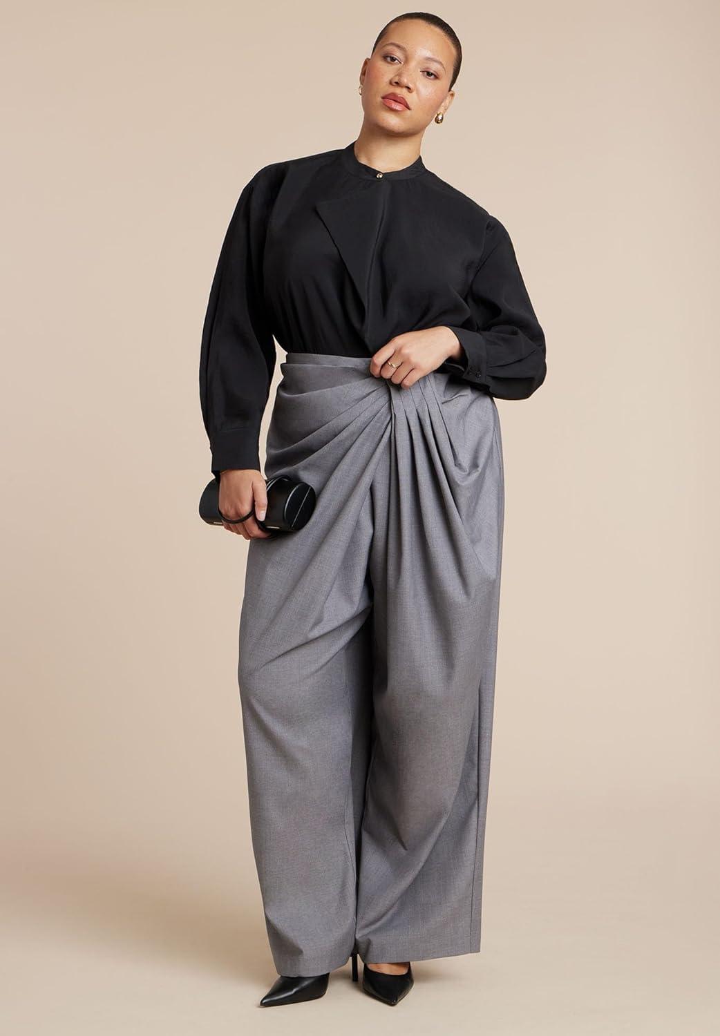 imageELOQUII Womens Plus Size Draped Pleat Detail TrouserMarled Grey