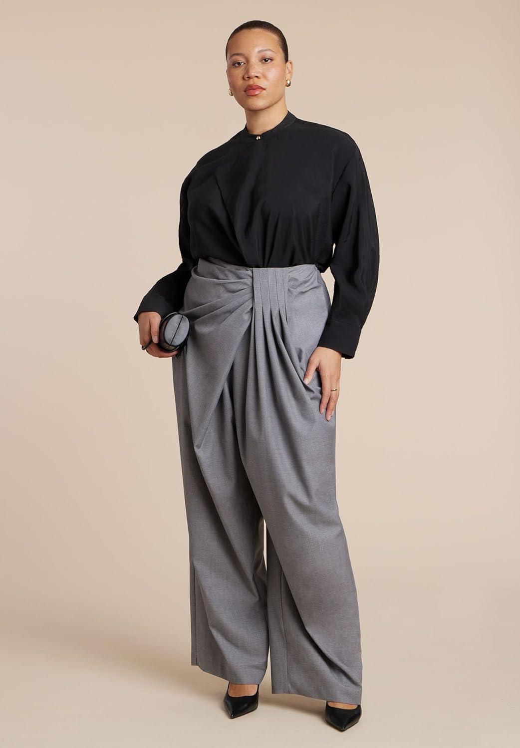 imageELOQUII Womens Plus Size Draped Pleat Detail TrouserMarled Grey