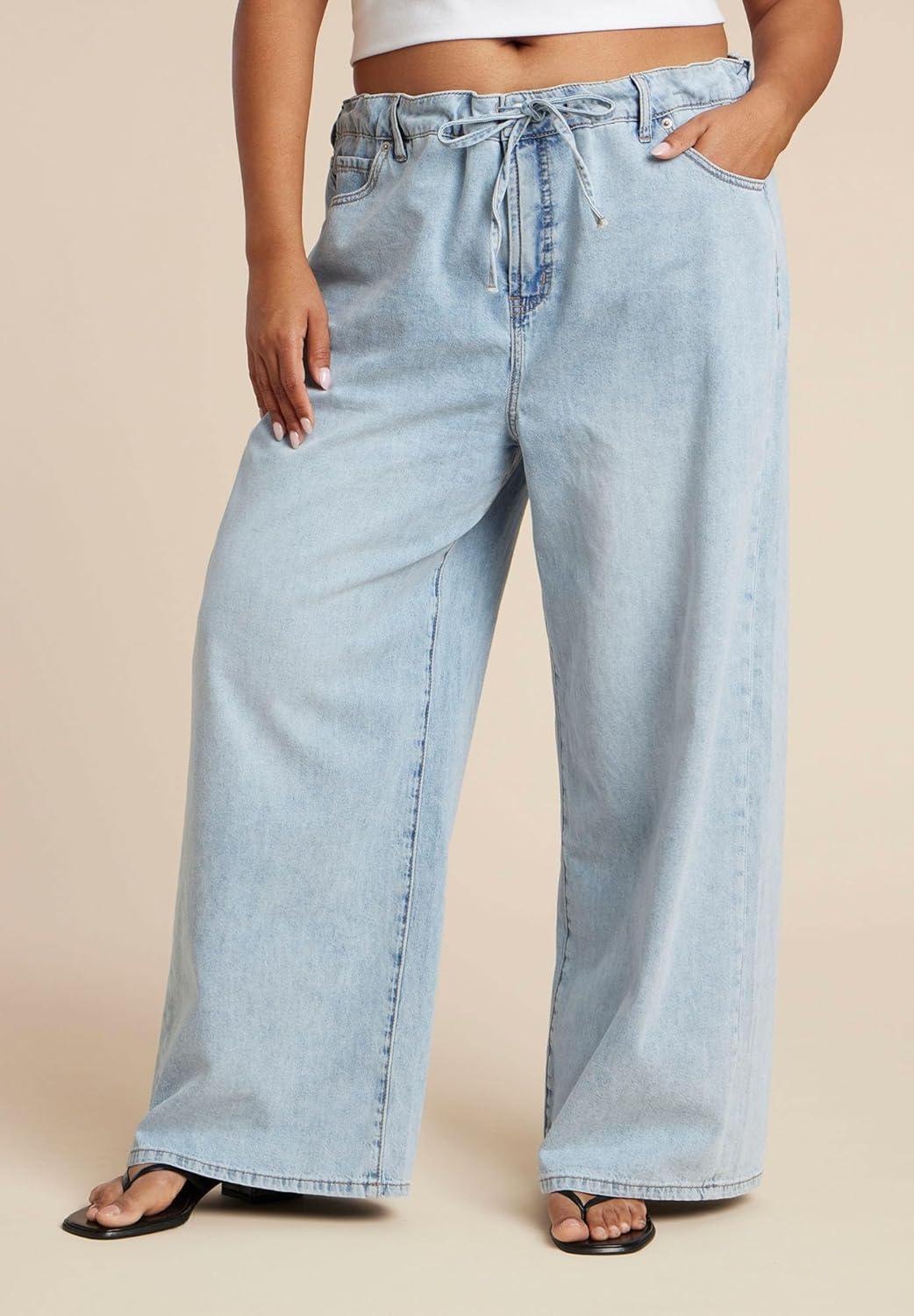 imageELOQUII Womens Plus Size Drawstring Waist Lightweight JeanLight Wash