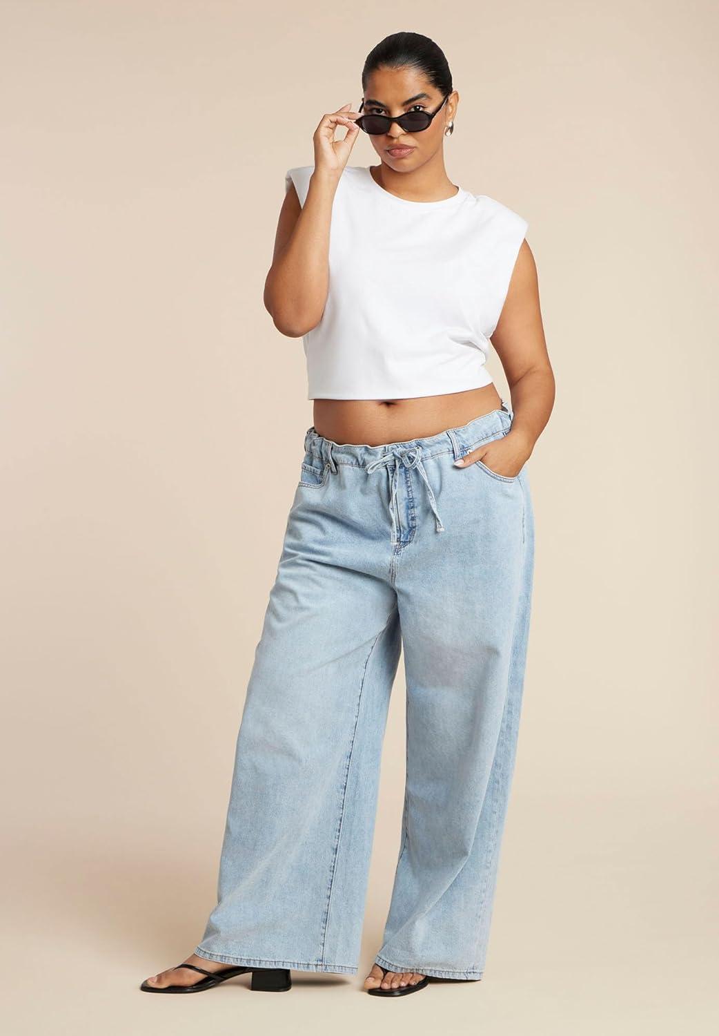 imageELOQUII Womens Plus Size Drawstring Waist Lightweight JeanLight Wash