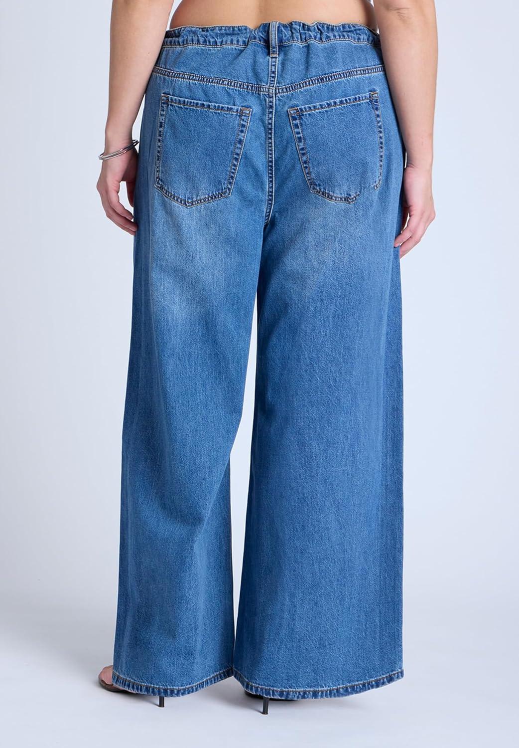 imageELOQUII Womens Plus Size Drawstring Waist Lightweight JeanMedium Wash