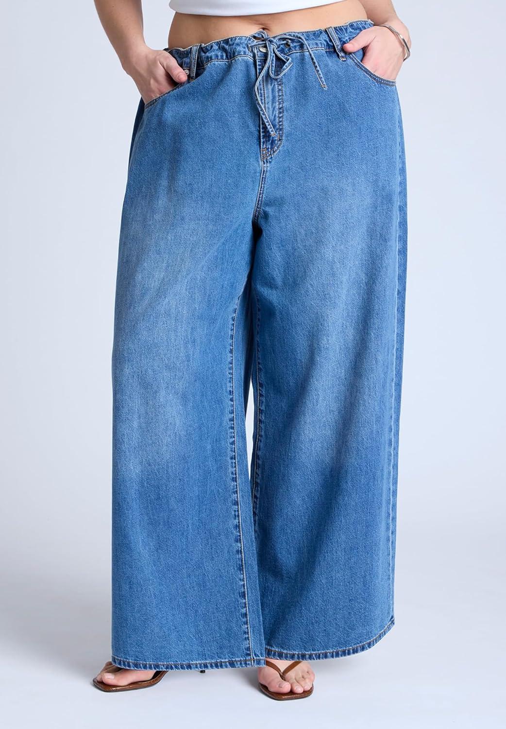 imageELOQUII Womens Plus Size Drawstring Waist Lightweight JeanMedium Wash