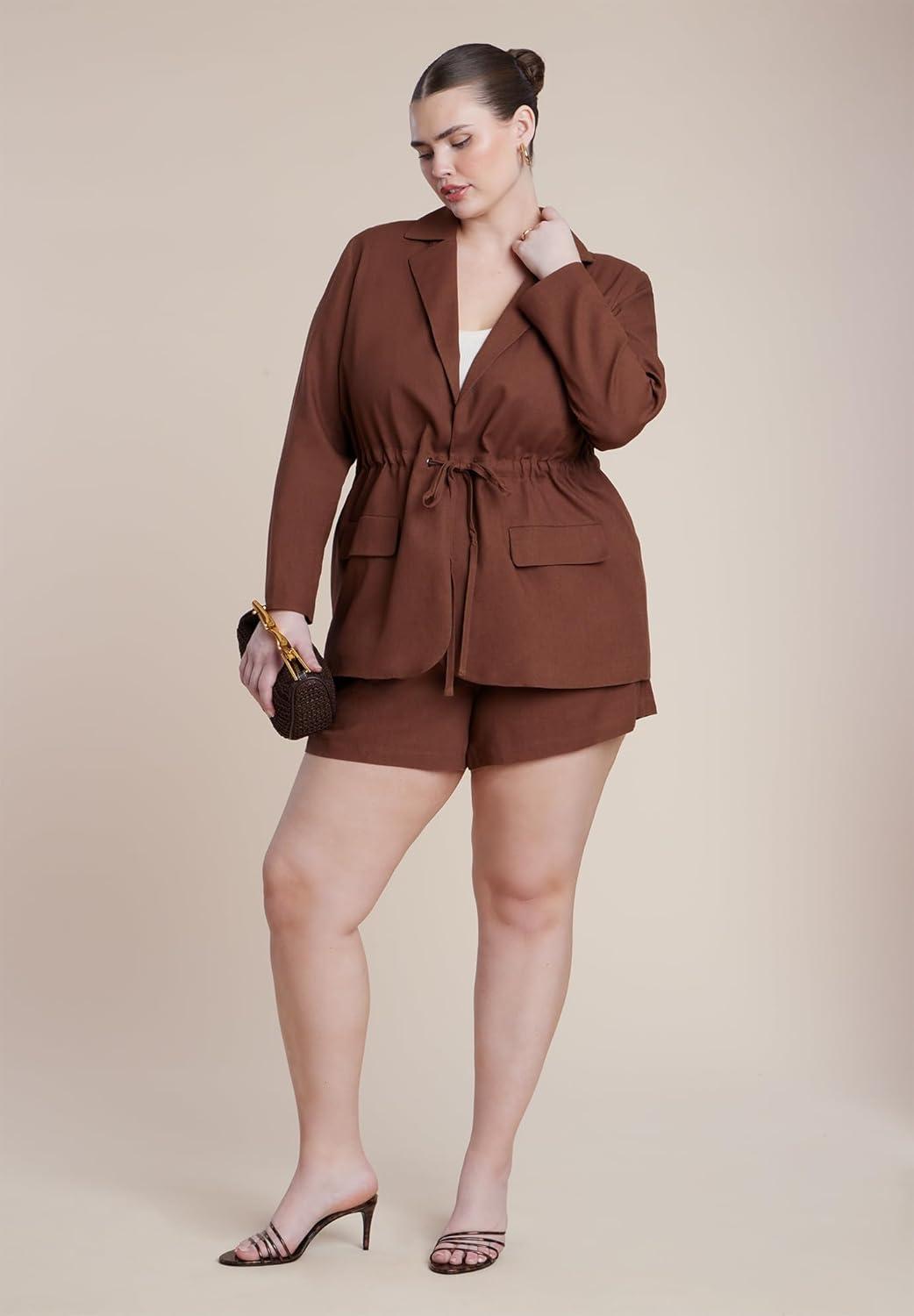 imageELOQUII Womens Plus Size Drawstring Waist Linen BlazerDowntown Brown