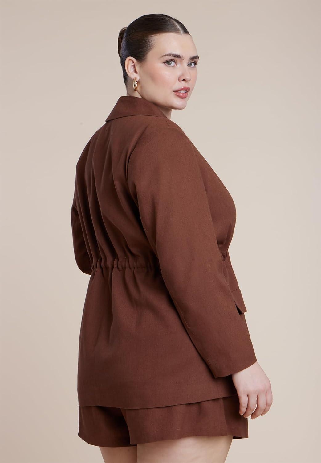 imageELOQUII Womens Plus Size Drawstring Waist Linen BlazerDowntown Brown