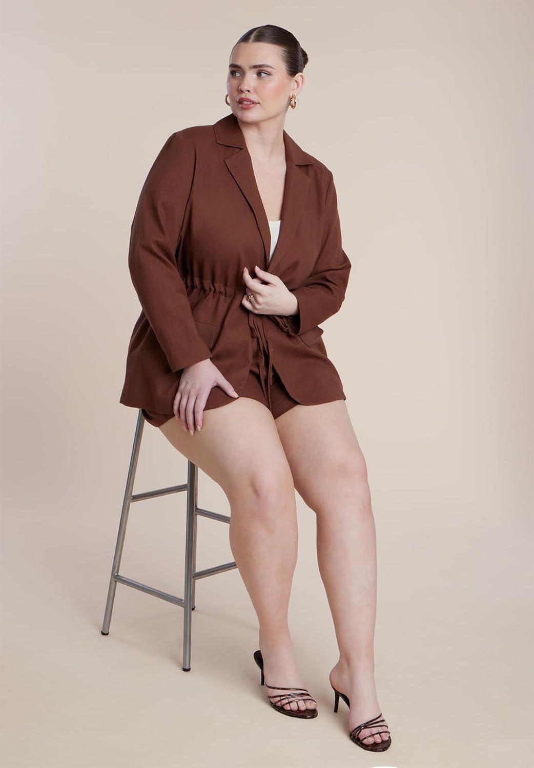 imageELOQUII Womens Plus Size Drawstring Waist Linen BlazerDowntown Brown