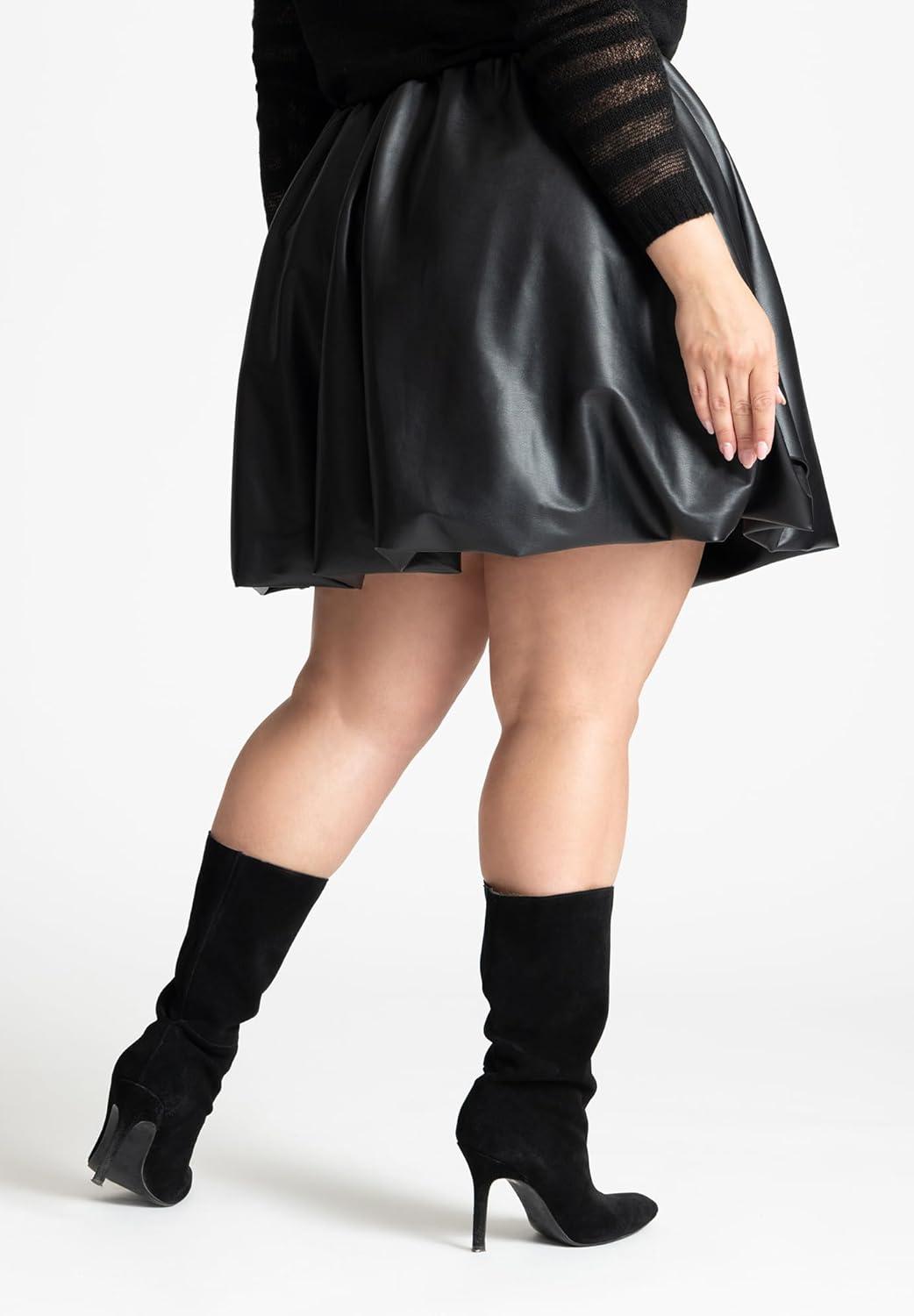 imageELOQUII Womens Plus Size Faux Leather Bubble Hem SkirtBlack