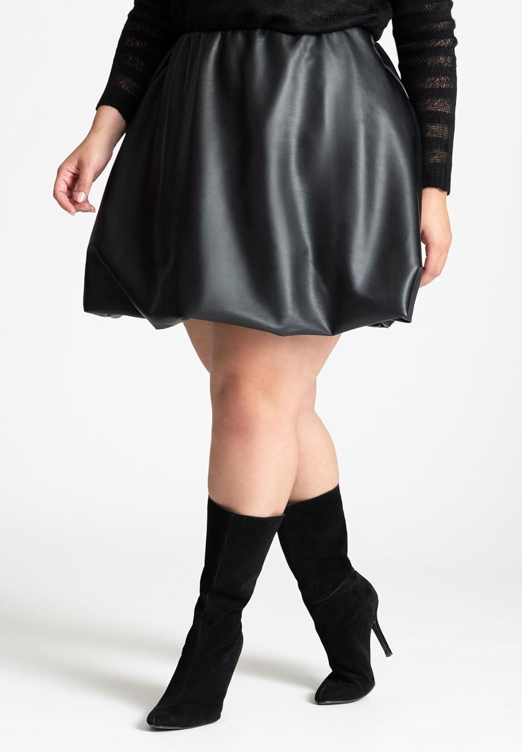 imageELOQUII Womens Plus Size Faux Leather Bubble Hem SkirtBlack