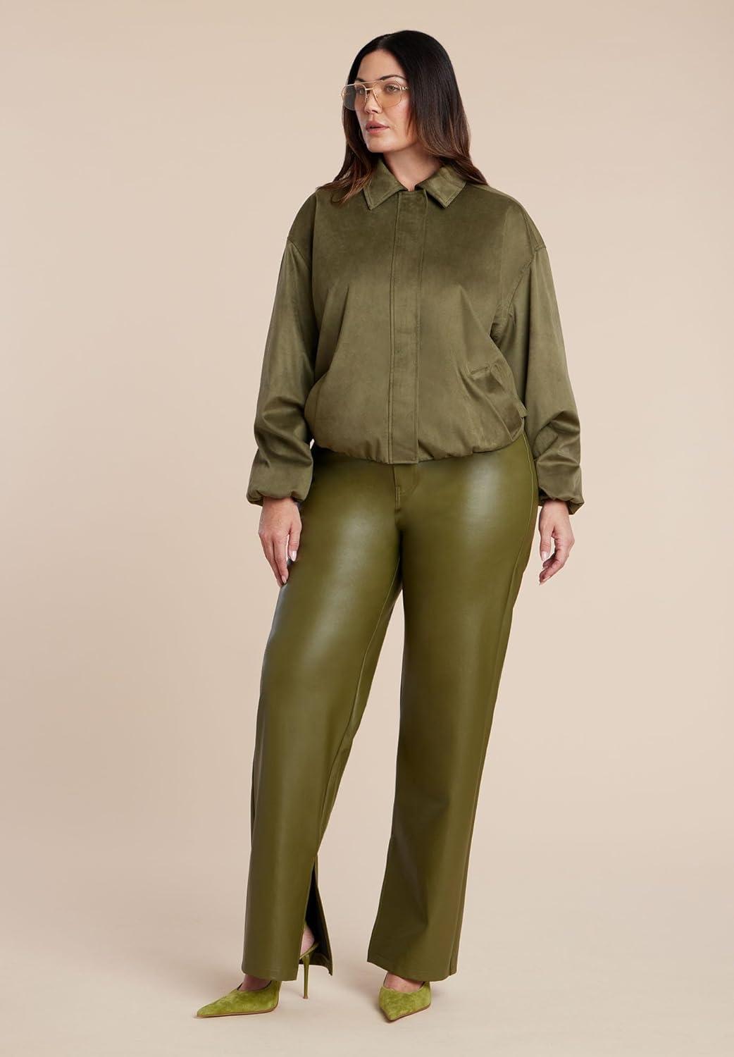 imageELOQUII Womens Plus Size Faux Suede Bomber JacketBurnt Olive