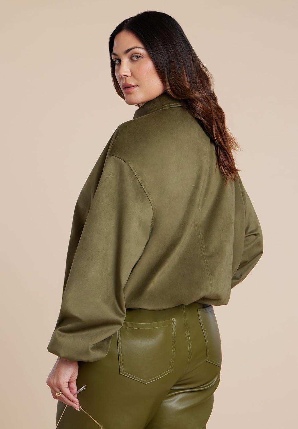 imageELOQUII Womens Plus Size Faux Suede Bomber JacketBurnt Olive