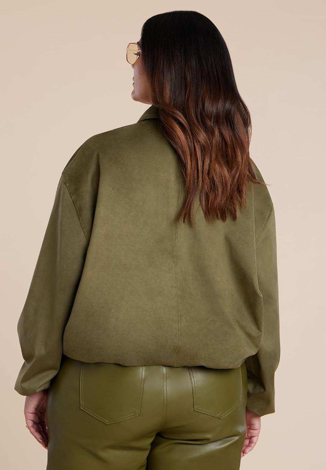imageELOQUII Womens Plus Size Faux Suede Bomber JacketBurnt Olive