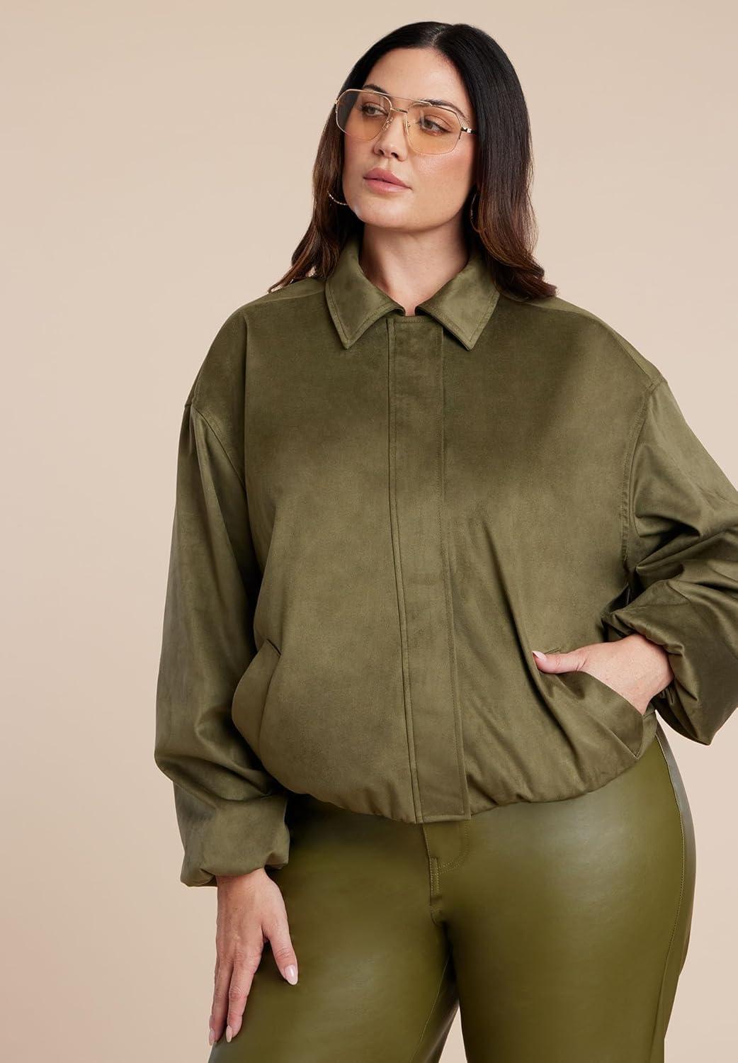 imageELOQUII Womens Plus Size Faux Suede Bomber JacketBurnt Olive