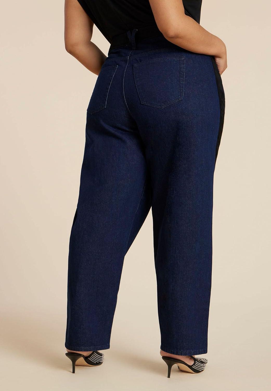 imageELOQUII Womens Plus Size Faux Suede Side Stripe Straight Leg JeanIndigo Rinse Wash