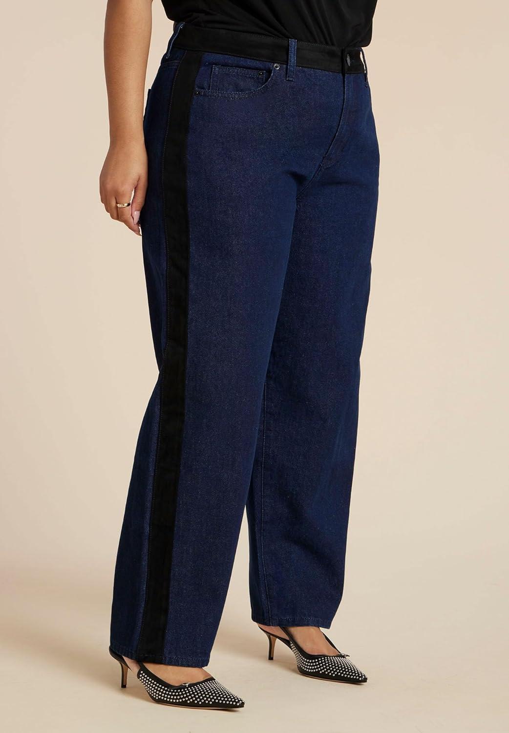 imageELOQUII Womens Plus Size Faux Suede Side Stripe Straight Leg JeanIndigo Rinse Wash
