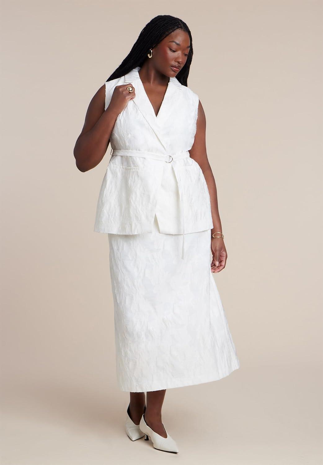 imageELOQUII Womens Plus Size Floral Jacquard Belted VestCoconut Milk