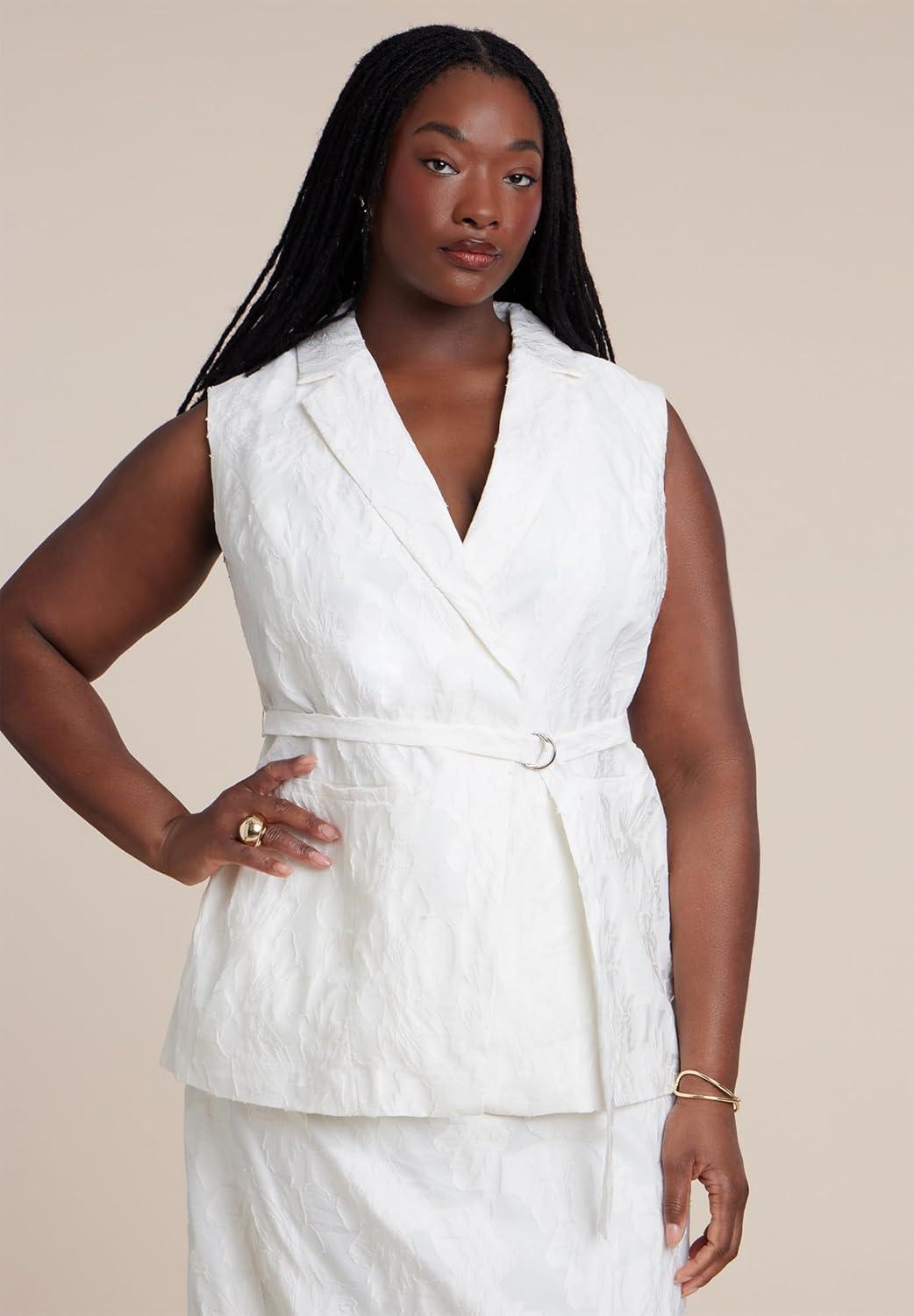 imageELOQUII Womens Plus Size Floral Jacquard Belted VestCoconut Milk