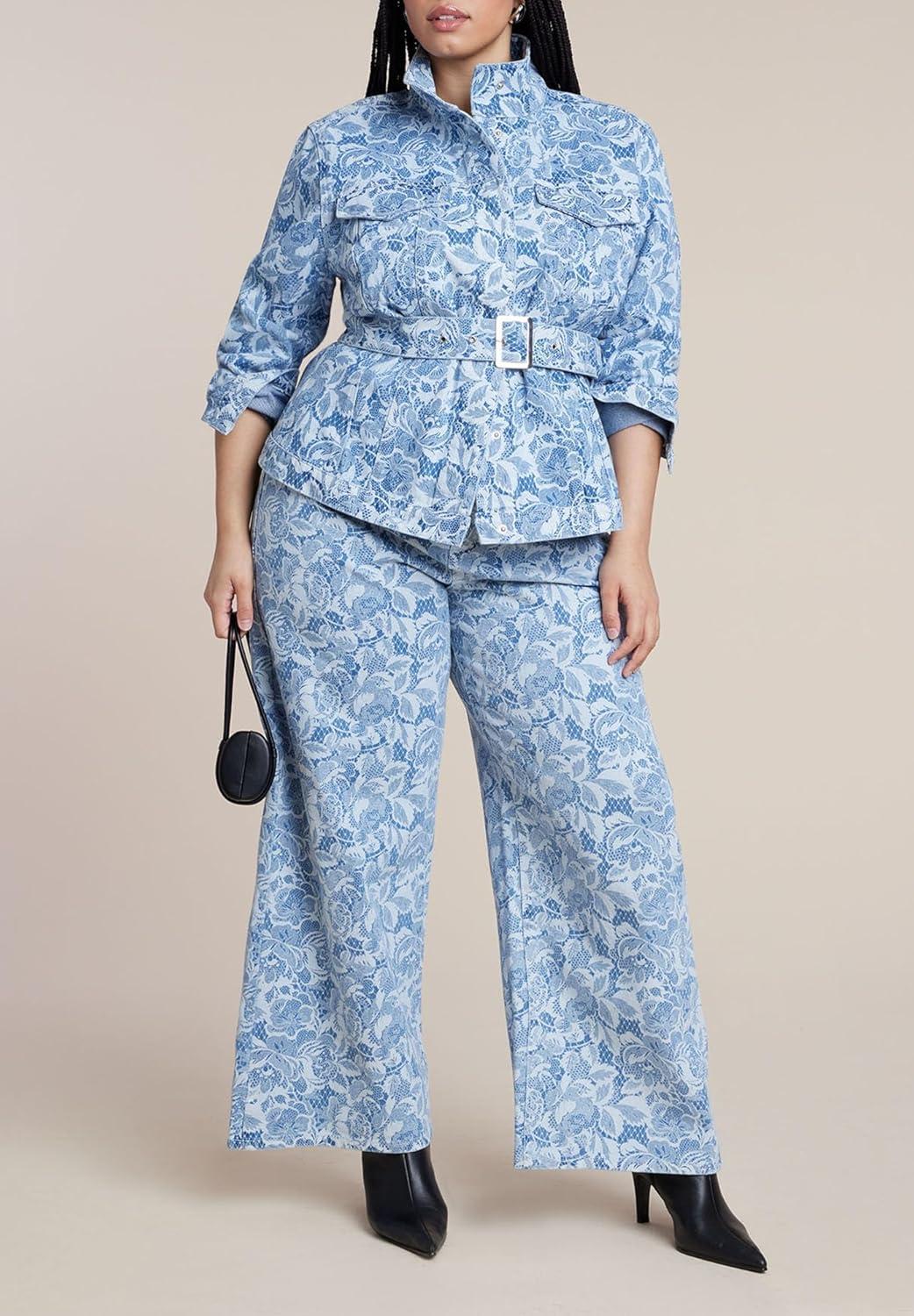 imageELOQUII Womens Plus Size Lace Printed Denim Belted JacketChantilly Denim