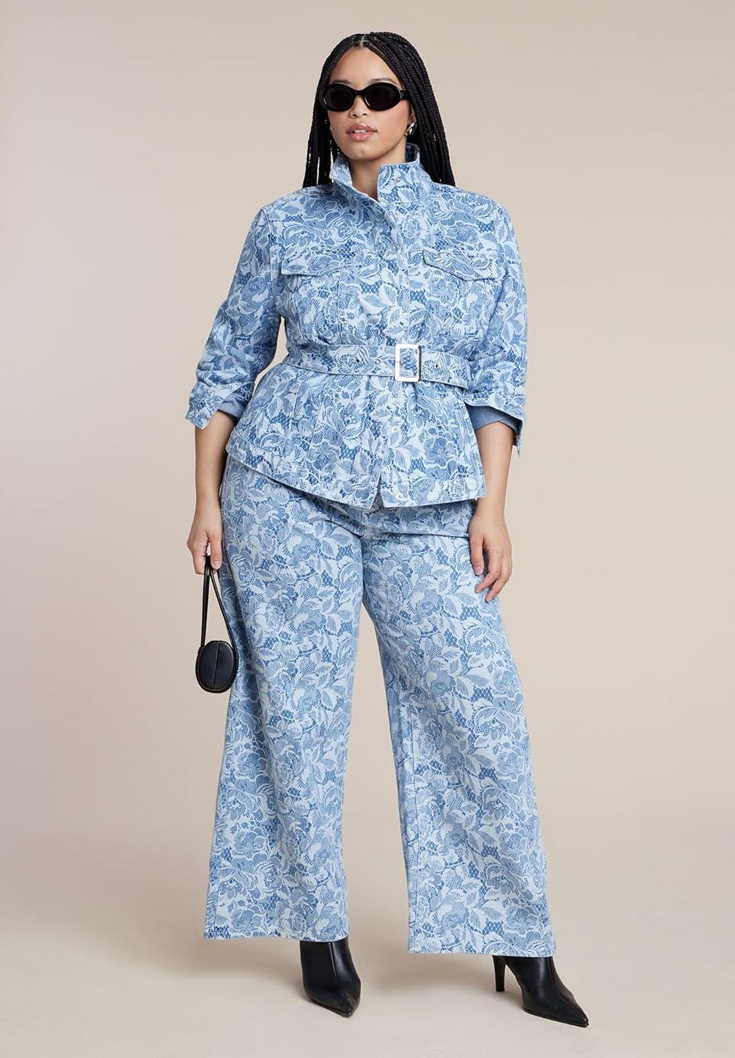 imageELOQUII Womens Plus Size Lace Printed Denim Belted JacketChantilly Denim