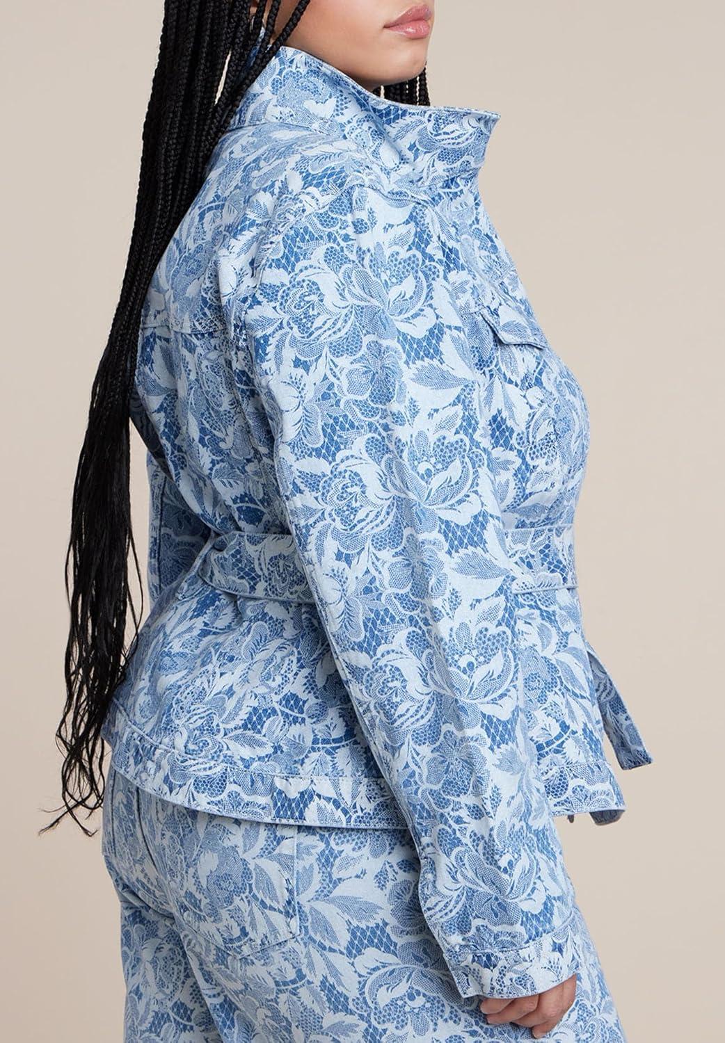 imageELOQUII Womens Plus Size Lace Printed Denim Belted JacketChantilly Denim