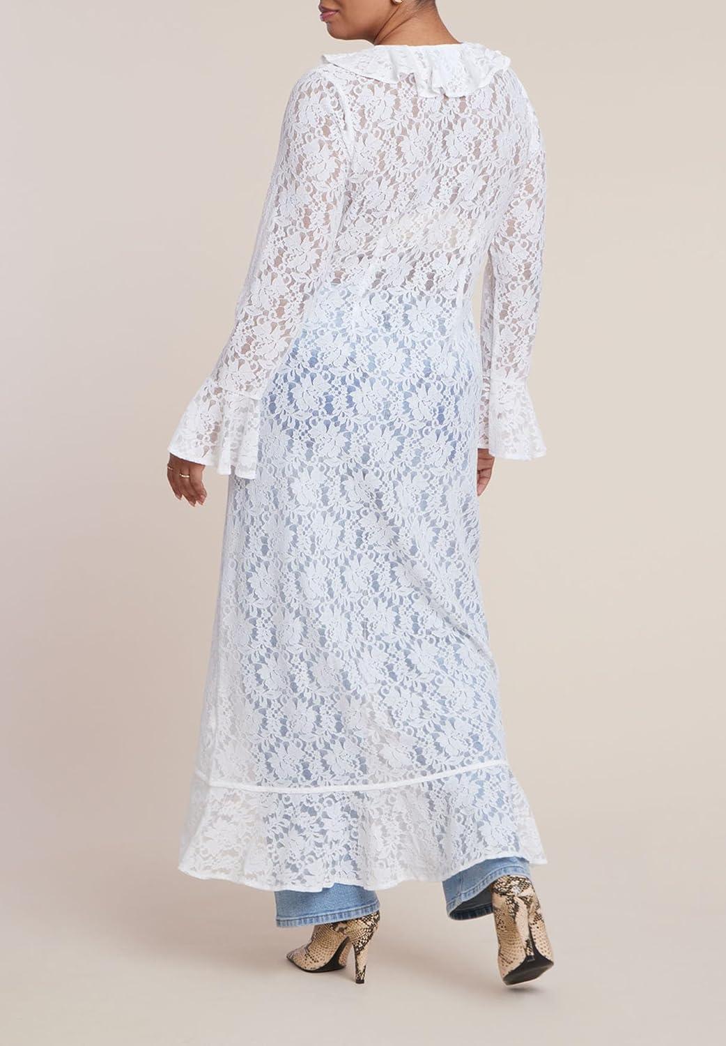 imageELOQUII Womens Plus Size Lace Ruffle DusterWhite