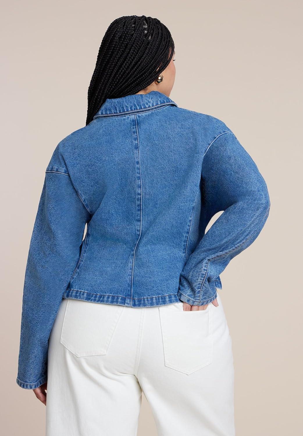 imageELOQUII Womens Plus Size Lace Up Denim JacketMedium Wash