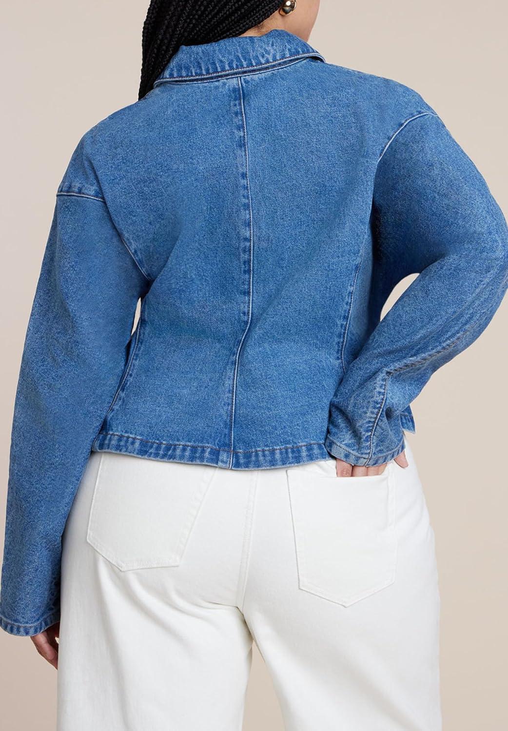 imageELOQUII Womens Plus Size Lace Up Denim JacketMedium Wash
