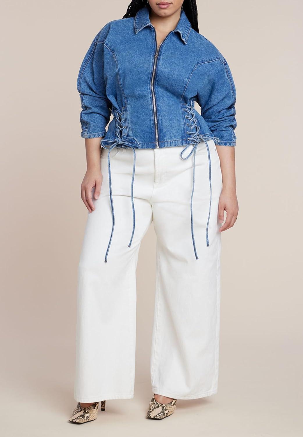 imageELOQUII Womens Plus Size Lace Up Denim JacketMedium Wash