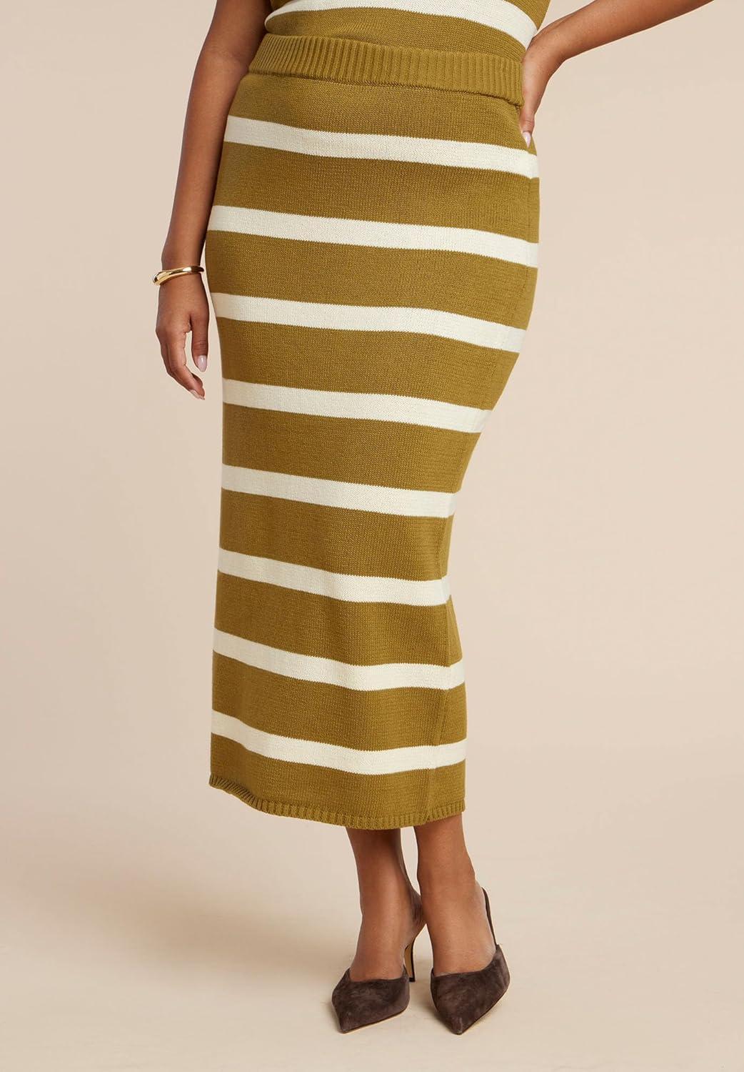 imageELOQUII Womens Plus Size Midi Sweater SkirtTennis Stripe
