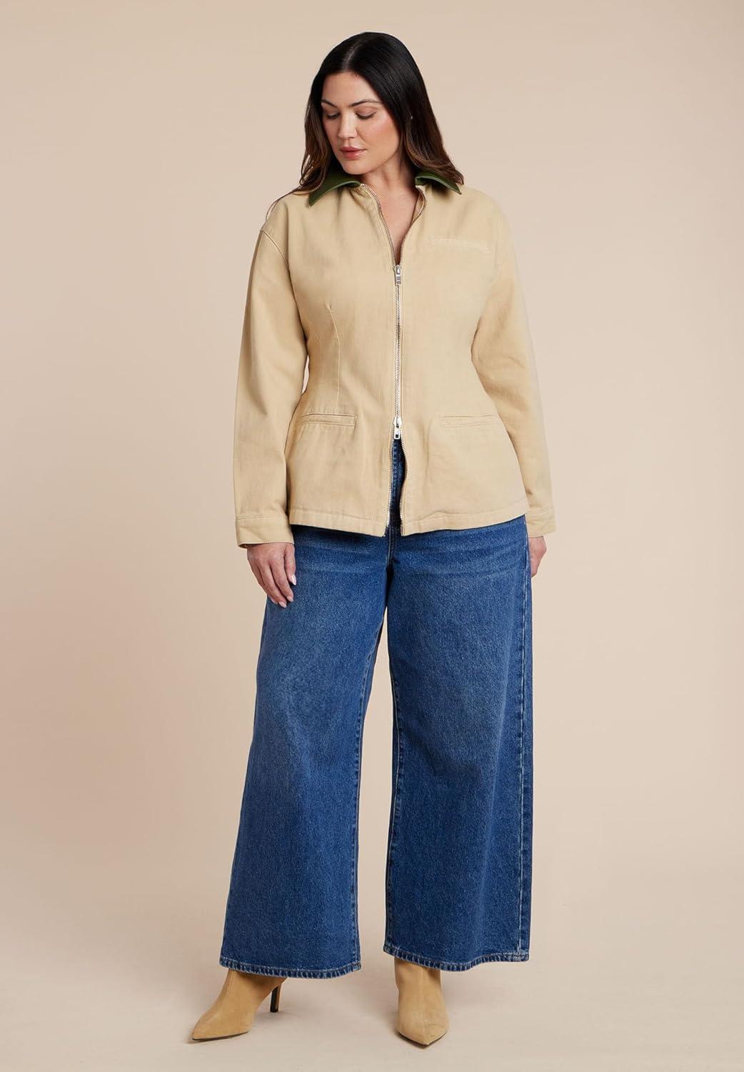 imageELOQUII Womens Plus Size Nipped Waist Barn Jacket With Faux Leather CollarGinger Root