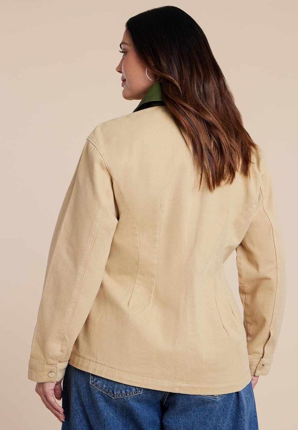 imageELOQUII Womens Plus Size Nipped Waist Barn Jacket With Faux Leather CollarGinger Root
