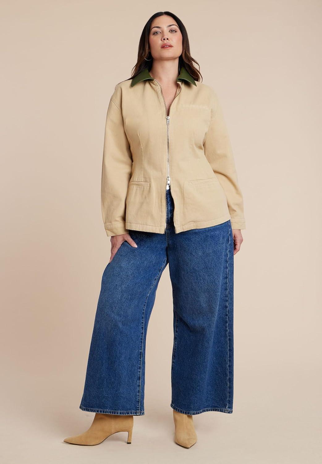 imageELOQUII Womens Plus Size Nipped Waist Barn Jacket With Faux Leather CollarGinger Root