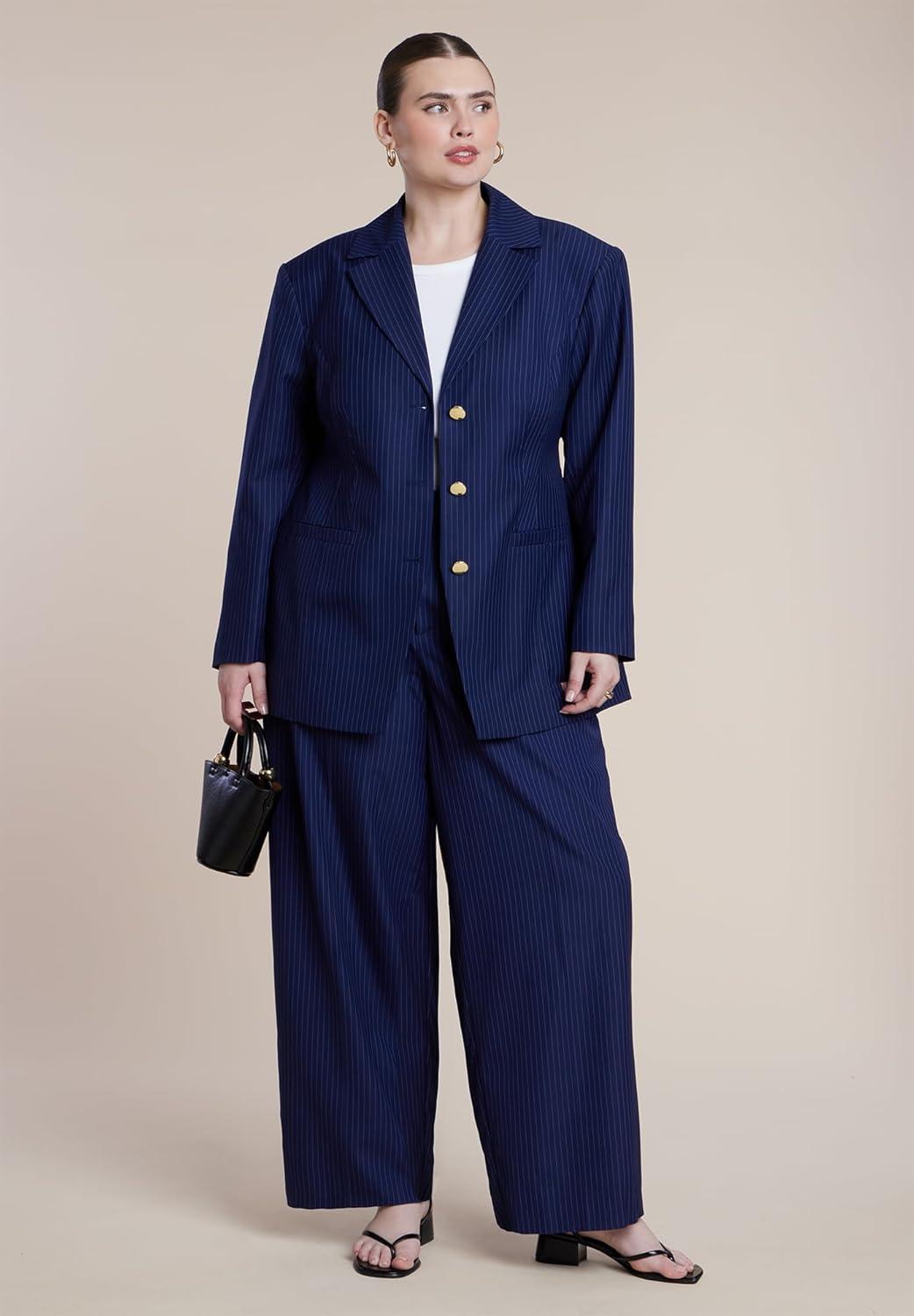 imageELOQUII Womens Plus Size Nipped Waist Blazer with Back AdjusterNavy Pinstripe
