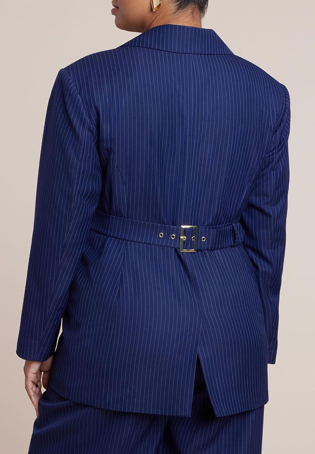 imageELOQUII Womens Plus Size Nipped Waist Blazer with Back AdjusterNavy Pinstripe