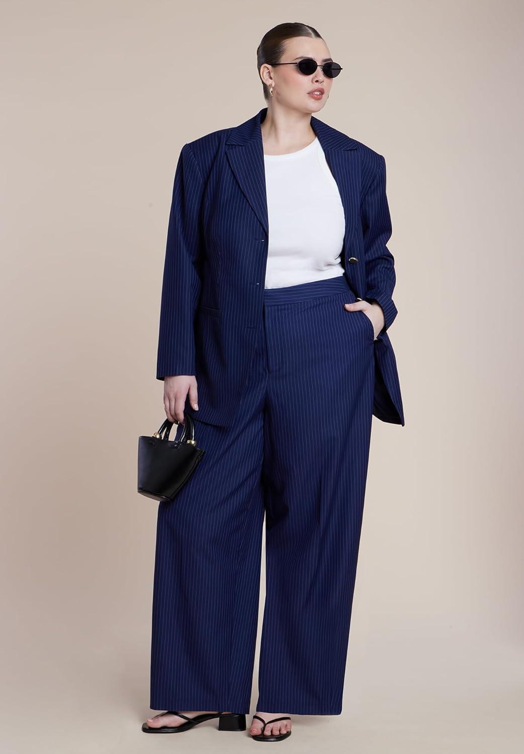 imageELOQUII Womens Plus Size Nipped Waist Blazer with Back AdjusterNavy Pinstripe