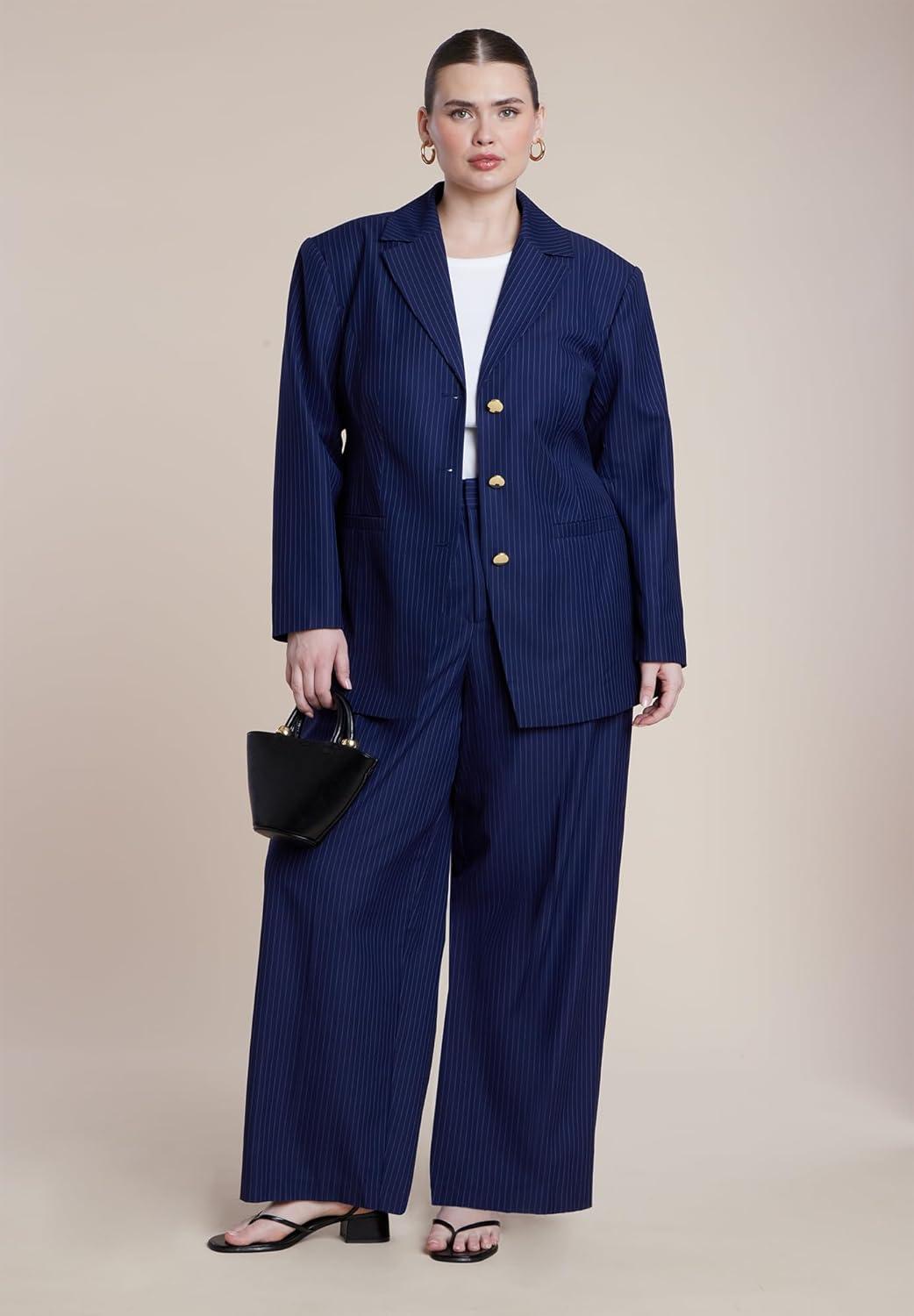 imageELOQUII Womens Plus Size Nipped Waist Blazer with Back AdjusterNavy Pinstripe