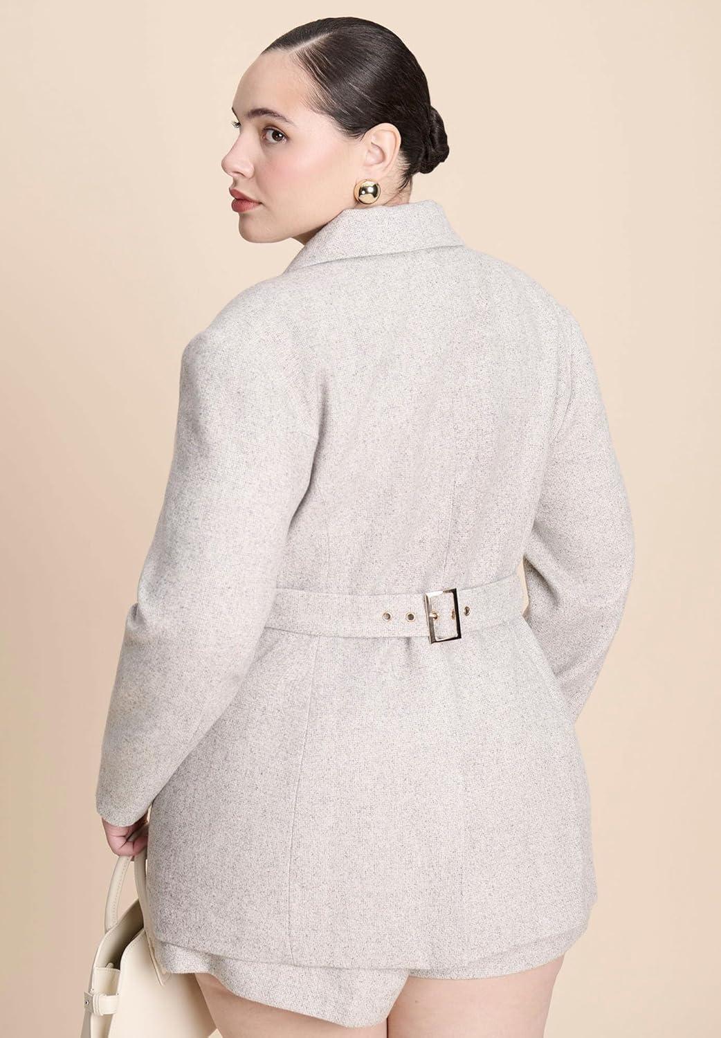 imageELOQUII Womens Plus Size Nipped Waist Wool Blend Blazer with Back AdjusterMarled Light Grey