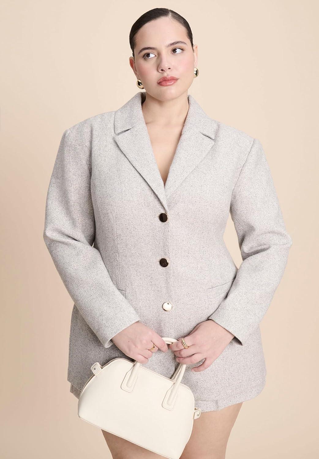 imageELOQUII Womens Plus Size Nipped Waist Wool Blend Blazer with Back AdjusterMarled Light Grey