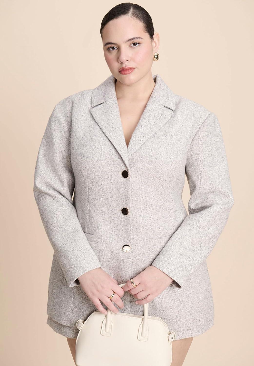 imageELOQUII Womens Plus Size Nipped Waist Wool Blend Blazer with Back AdjusterMarled Light Grey