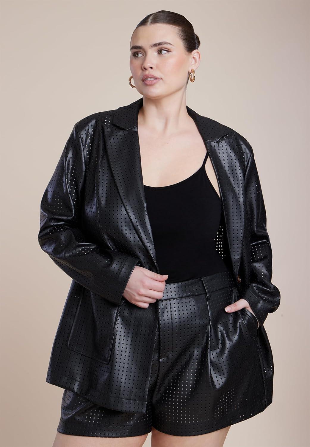 imageELOQUII Womens Plus Size Perforated Faux Leather BlazerBlack Onyx