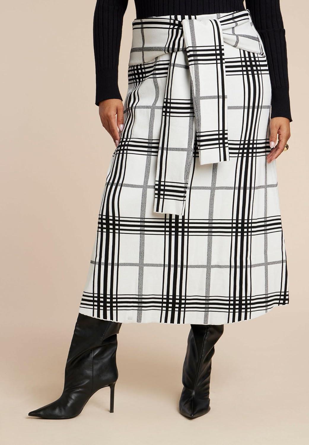 imageELOQUII Womens Plus Size Plaid Midi Sweater Skirt with Sleeve TiesPreppy Refresh Plaid