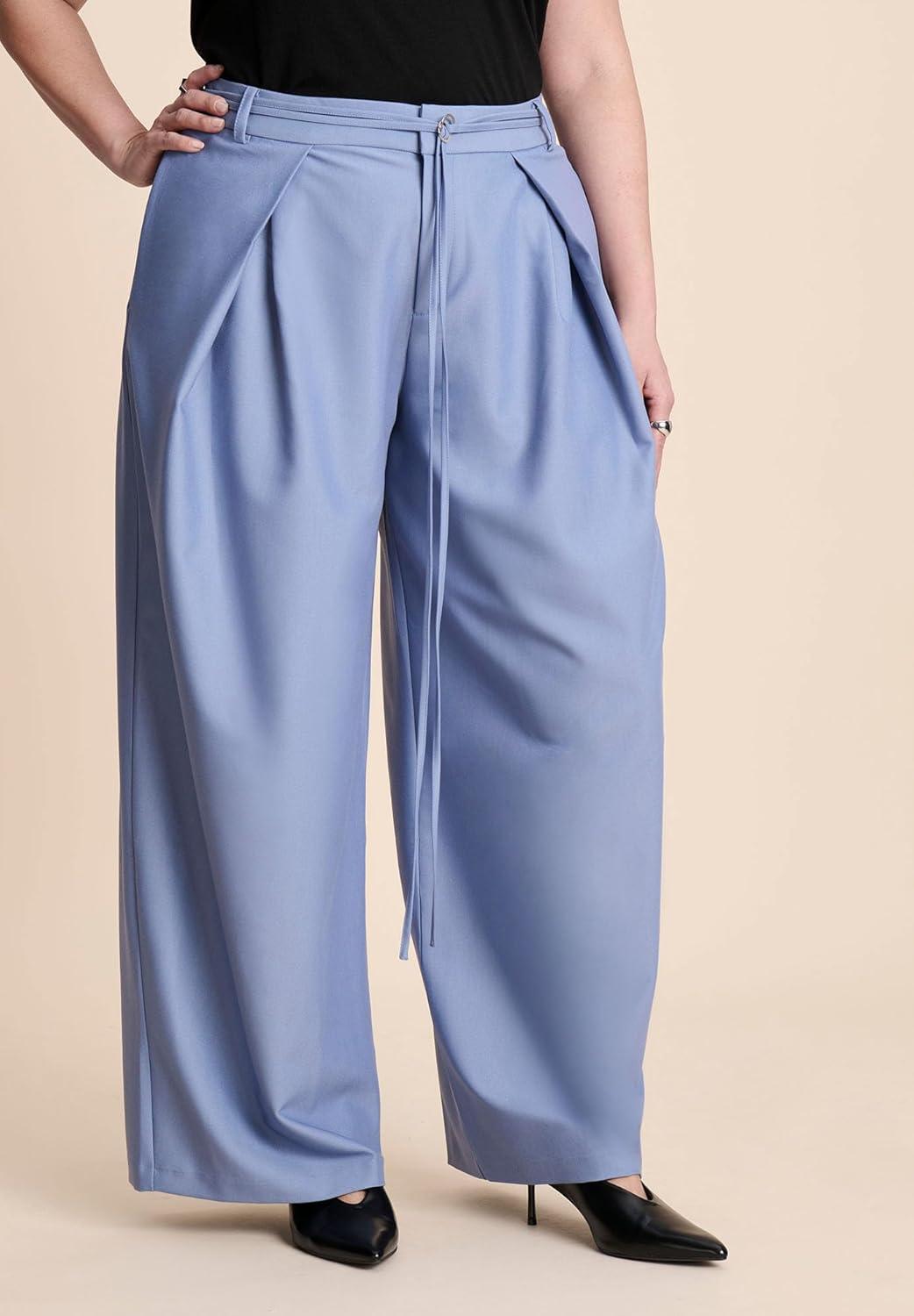 imageELOQUII Womens Plus Size Pleat Detail Trouser with Long BeltDusty Blue